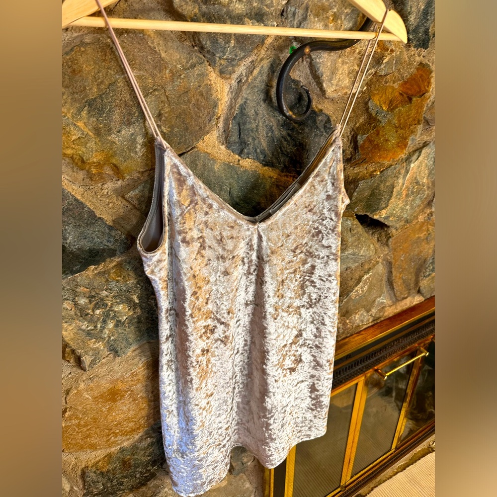 Silver Crushed Velvet long v-neck spaghetti mini dress, size medium.